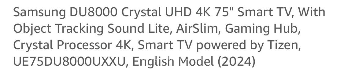 Samsung DU8000 Crystal UHD 4K 75″ Smart TV