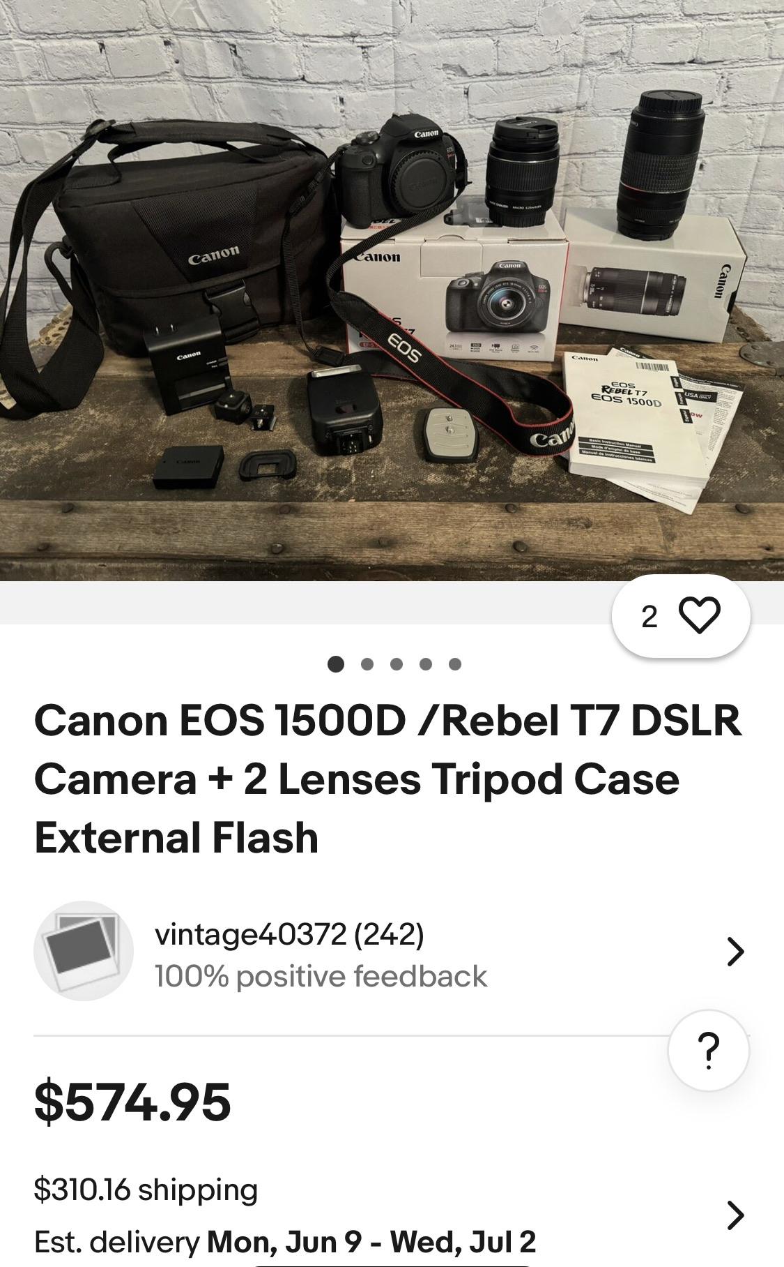 Canon EOS 1500D/Rebel T7 DSLR Camera + 2 Lenses Tripod Case