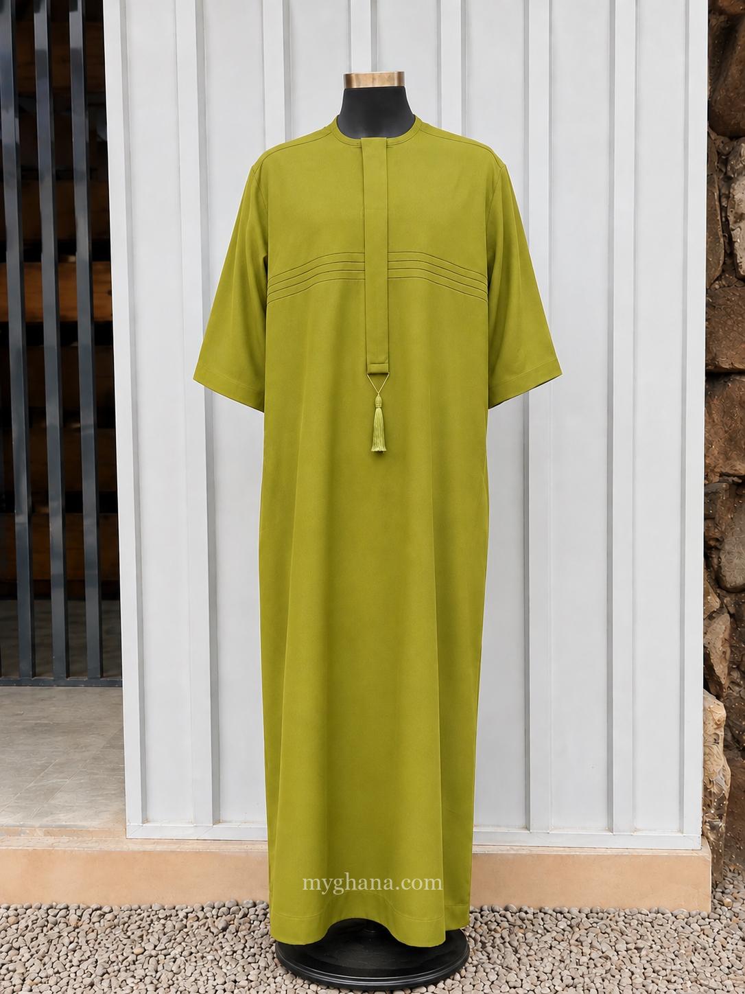 Men’s Olive Green Modern Thobe with Tassel Detail
