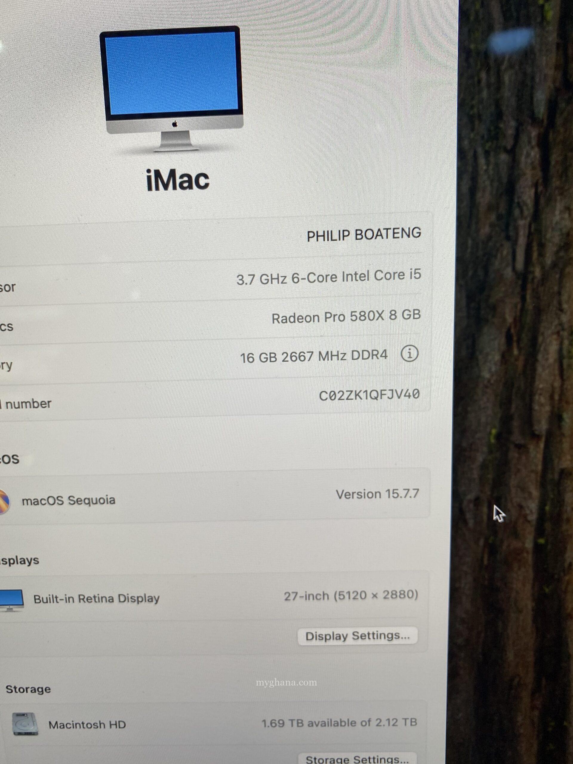 Neat iMac i5 2019 model, 2TB SSD, 16gig Ram, 27inch 5K Retina Screen, 8gig